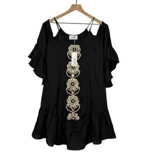 VAVA by Joy Han Black Dylan Dress M Black Gold Ruffle Cold Shoulder Bell Sleeve